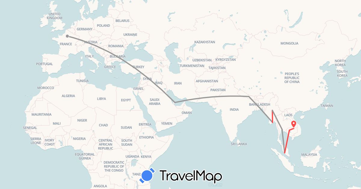 TravelMap itinerary: plane, hiking in France, Cambodia, Laos, Myanmar (Burma), Malaysia, Nepal, Qatar, Thailand (Asia, Europe)